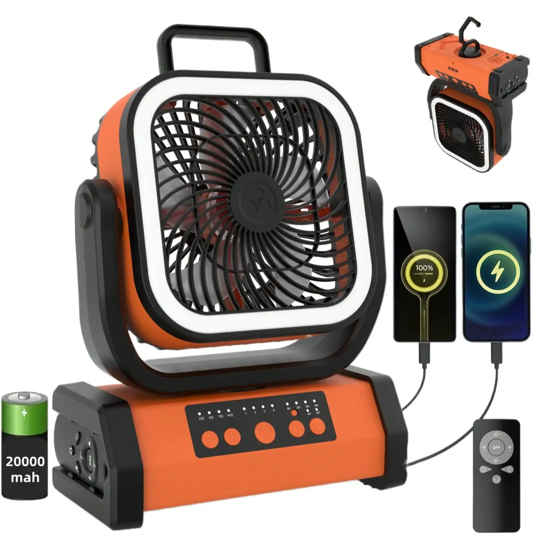

20000/30000mAh Camping Fan - With Rechargeable Li-Polymer Battery With LED Lantern - Portable Outdoor Tent Fan With Hook, 4-Spee