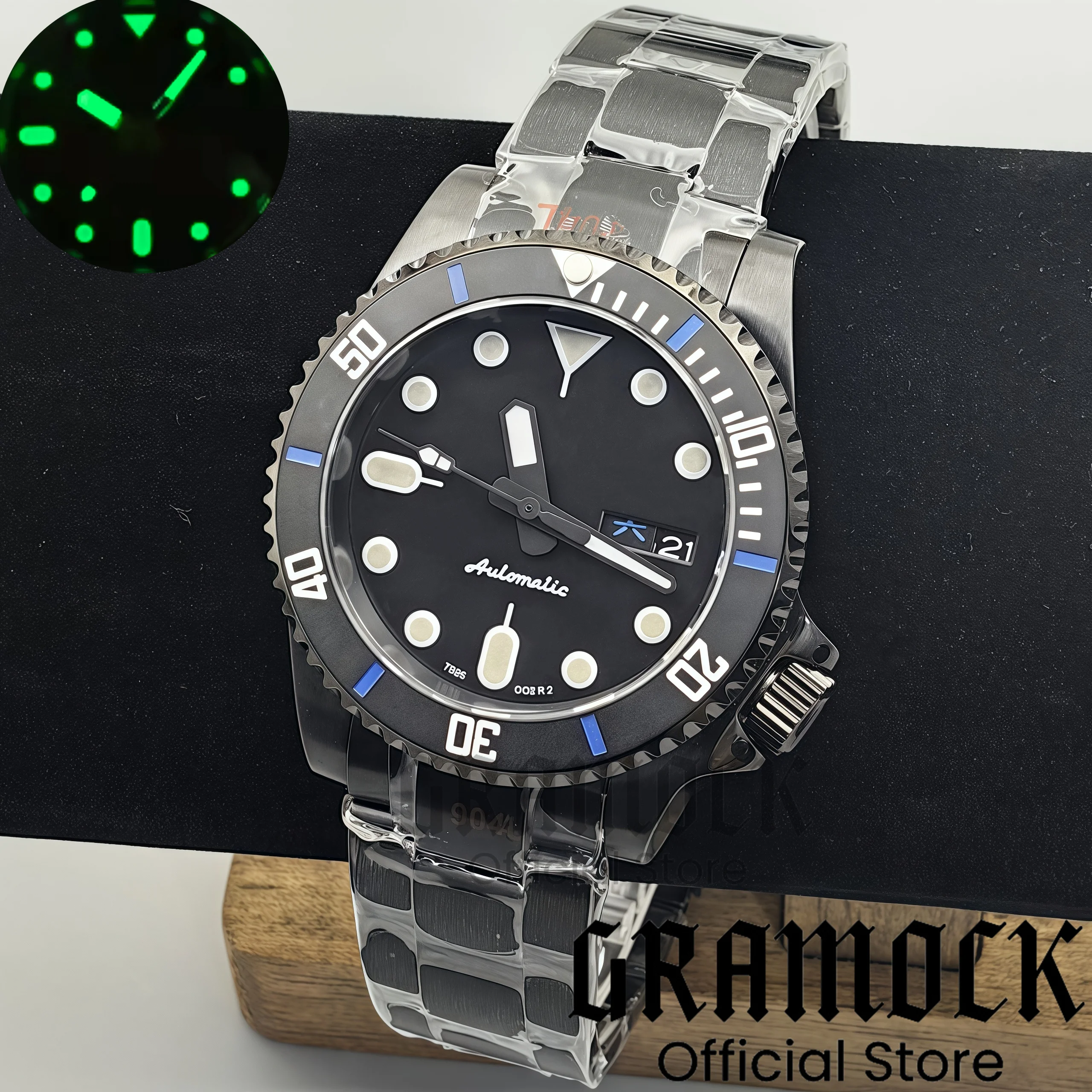 Gramock 40mm Men's Watch 4 o'clock 3.8 Crown NH36 Movement Week-day Display Function Sapphire Glass PVD Case Strap Waterproof