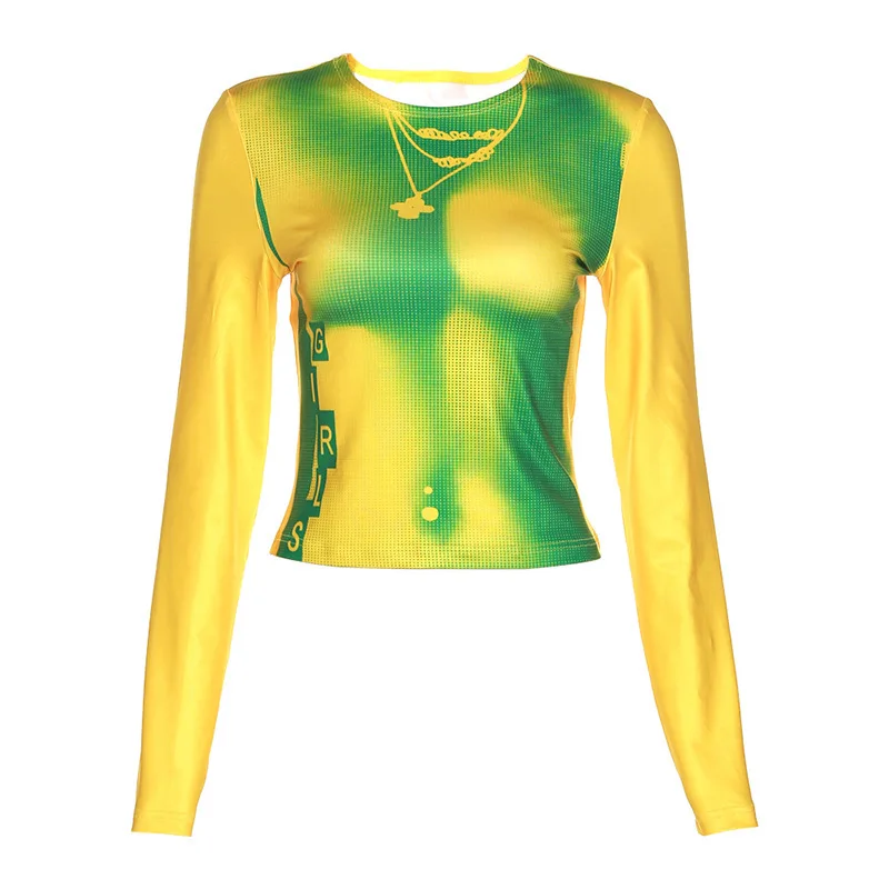 2024 herbst Mode Trend frauen Kleidung Neue Rundhals Gedruckt Slim Fit Lange Ärmeln Ausgesetzt Nabel Vielseitig T-Shirt