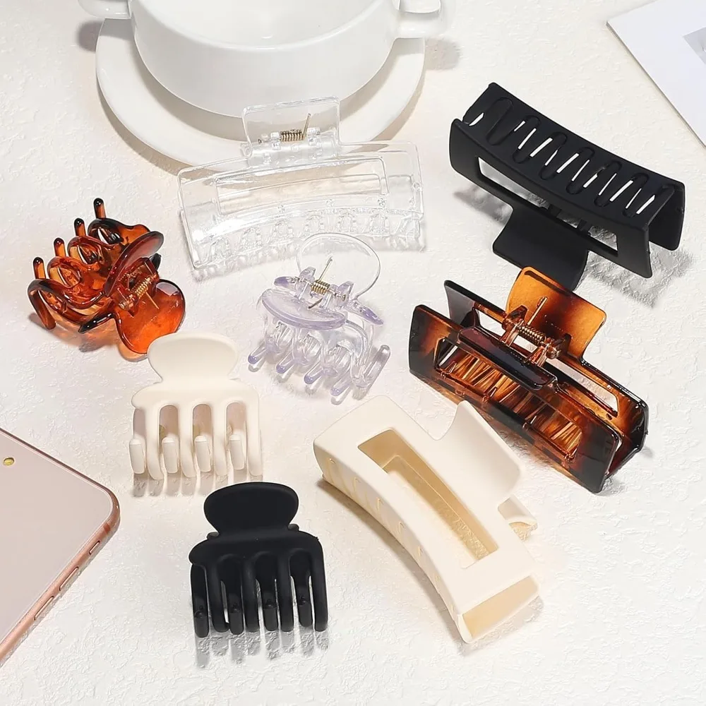 8 pinzas de pelo medianas para mujer, pinzas de garra pequeñas, combinación de estilos rectangulares y de plátano para cabello fino a grueso