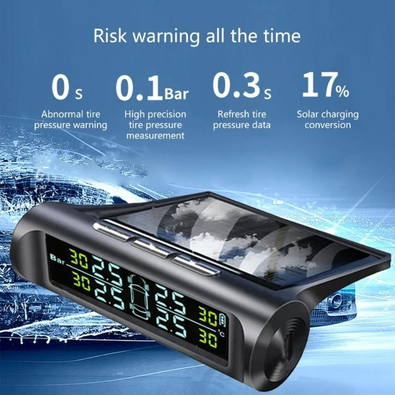 External Mount Tire Pressure Monitor with Solar Panel Charging Wireless Sensors USB Power Supply Pressure System for Car