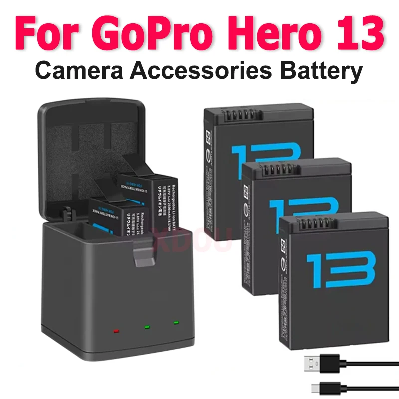 2100mAh Battery for GoPro Hero 13 Li-ion Battery Pack Motion Camera Battery Storage +3-Slots Box Charger Rechargeable Batteries