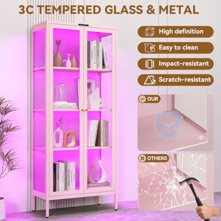 66 Glass Display Cabinet with 8-Color LED for Collectibles: premium tempered glass, sleek black frame, adjustable lighting, spa - view 5