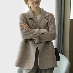 Women's Winter British Style Short Sleeved Woolen Blazer Coat Retro Casual Loose Fit Single Breasted Suit Collar Woolen Jackets