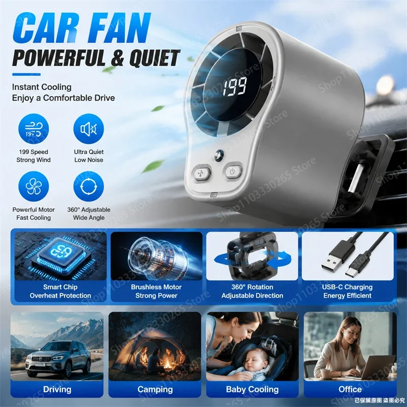 USB-C Car Air Vent Cooling Fan 360 Rotatable Quiet Brushless Mini Cooler For Vehicle Camping Office Use