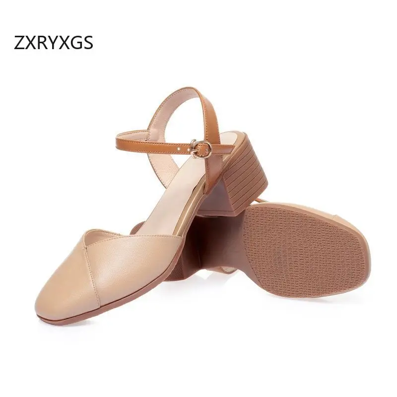 ZXRYXGS Hot 2026 Summer Genuine Leather Round Toe Spell Color Sandals New Thick Mid Heel Sandals Plus Size Women Fashion Sandals