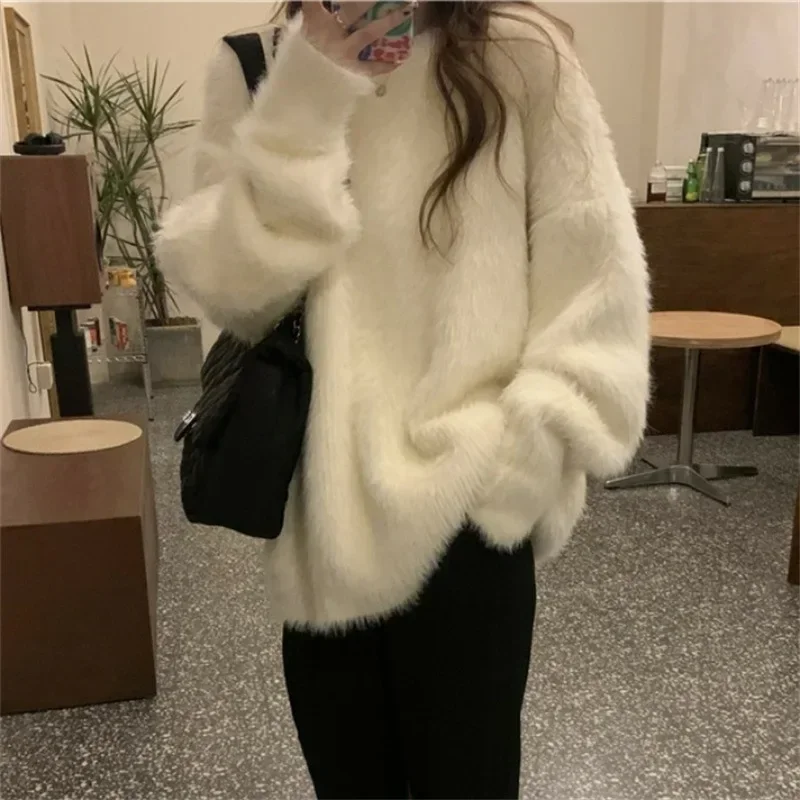 

Korean Women Pullovers Loose Full Sleeve Warm Tops Round Neck Solid Knitted Sweaters Casual Splice Jumpers Autumn 2023