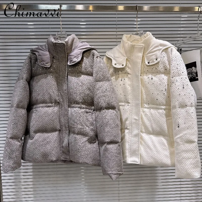 

2025 Winter Clothes New Fashion Heavy Rhinestone Wool Hooded Cotton Jacket Loose-fit Long Sleeve Warm Elegant Women's Coat