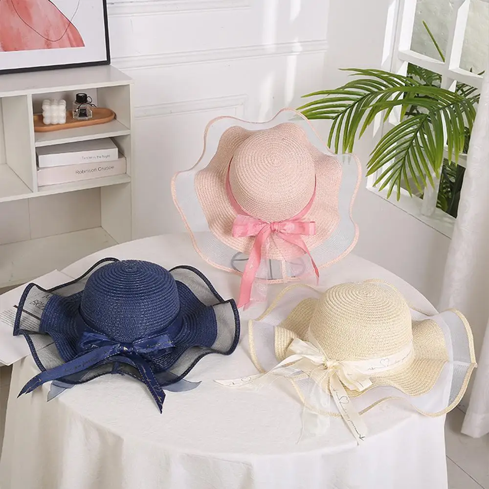 Casual Wide Brim Ruffled Straw Hat Floppy Foldable UPF 50+ Women's Beach Hat UV Protection Summer Hat for Women