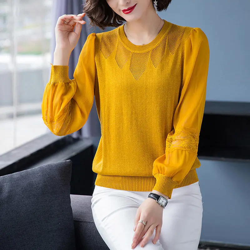 Women Hollow Lace Patchwork Elegant Knitwear Korean Simple Style Solid Loose Basic Pullover Knit Tops Casual Long Sleeve Blouses