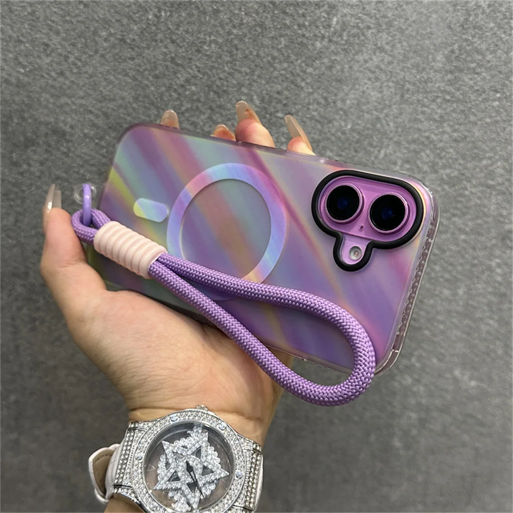 مع الحبل الليزر المبهر ل Magsafe جراب هاتف آيفون 15 16 زائد 12 13 14 برو ماكس 11 التدرج متجمد الغطاء الواقي