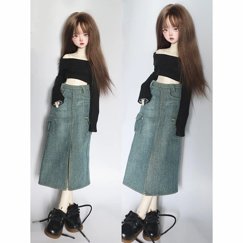 New (1/4 BJD Doll Clothes) Off Shoulder Sweater Knit Tops Split Denim Long Skirt Vintage Dress for 1/4 SD MSD Dolls Accessories