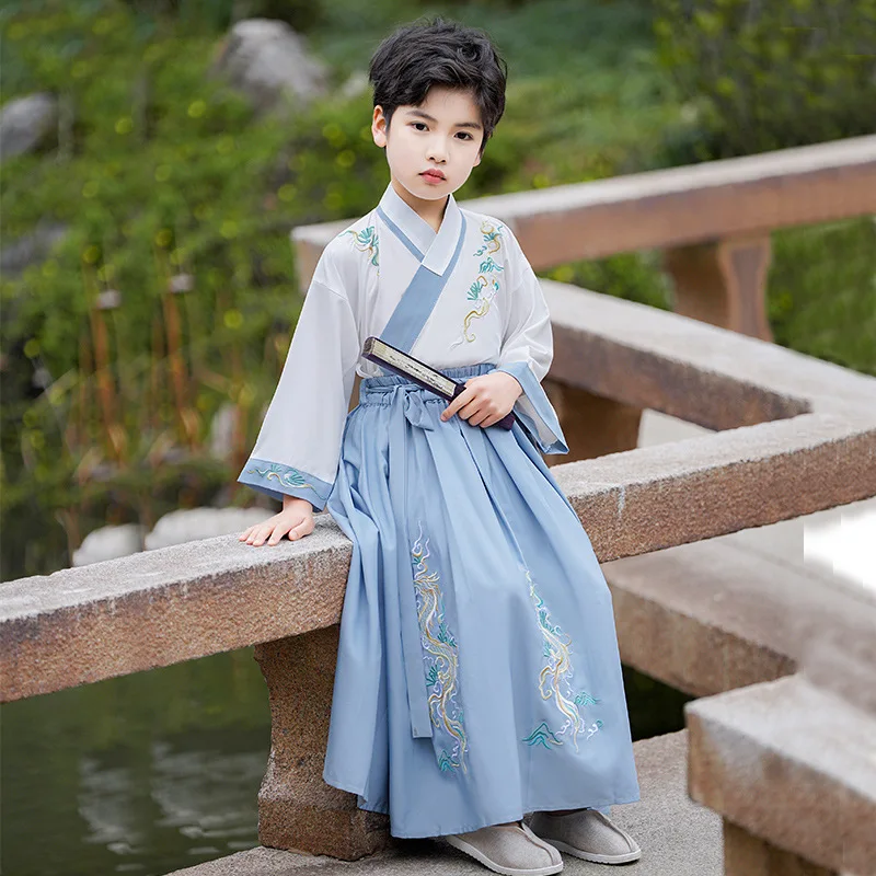 Hanfu-Disfraz tradicional de dos piezas para estudiante de primaria, traje de Cosplay de caballero sobredimensionado, color azul claro, 100% poliéster