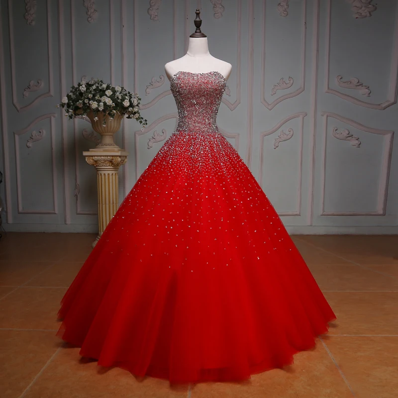 

ANGELSBRIDEP Strapless Red Quinceanera Dress Shiny Beading Crytals Ball Gown Corset Back Sweet 16 Dress Vestidos De 15 Años