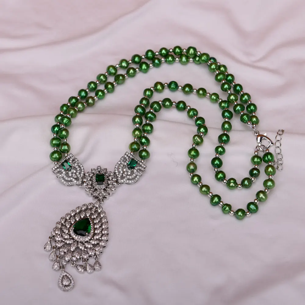 G-G 2 Strands Green Cultural Pearl Cz Pave Pendant Necklace Gemstone Necklaces Jewelry Women