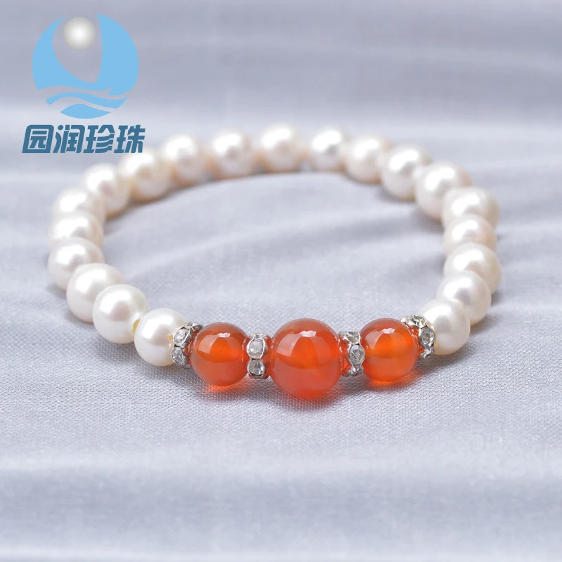 Cultured Pearl Red Agate Women's Bracelet, Perfectly Round, Shiny Pearls, Fashionable and Versatile