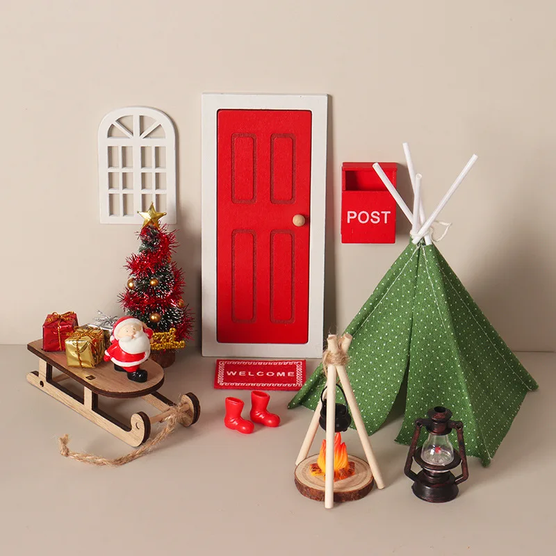 Dollhouse Christmas Doorway Scene Set Santa Sleigh Tent Xmas Tree Mini Model OB11 BJD Doll Camping Layout Shooting Prop
