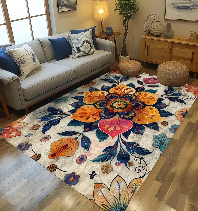 Vintage Patchwork Patterned Rectangle Area Rug  Boho Chic Living Room Carpet  Colorful Home Decor Soft Cotton Floor Mat