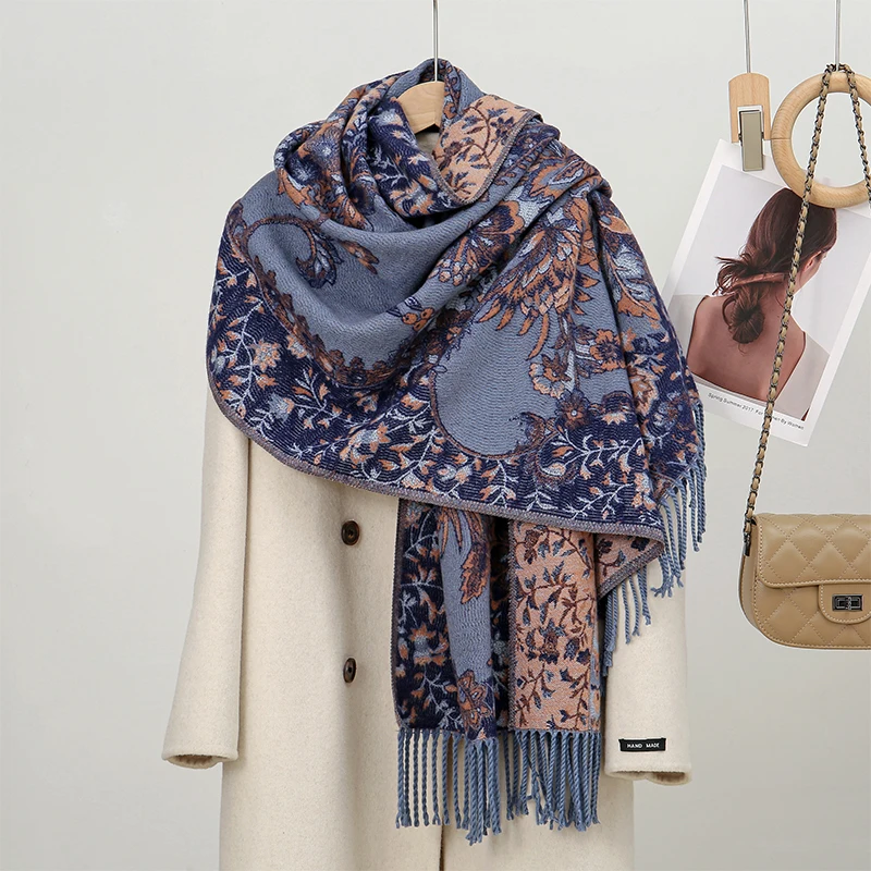 Luxury Winter Pashmina Scarf Women Floral Embroidery Shawls Cashmere Chunky Stoles Lady Elegant Poncho Outdoor Bufanda