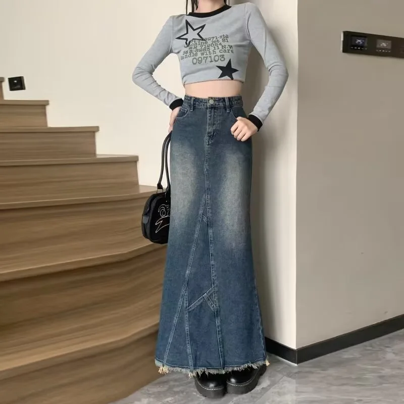 2026 New Split-ended A Denim Skirt for Women with A Word High Waist and Thin Irregular Rough Edge Medium and Long Skirt