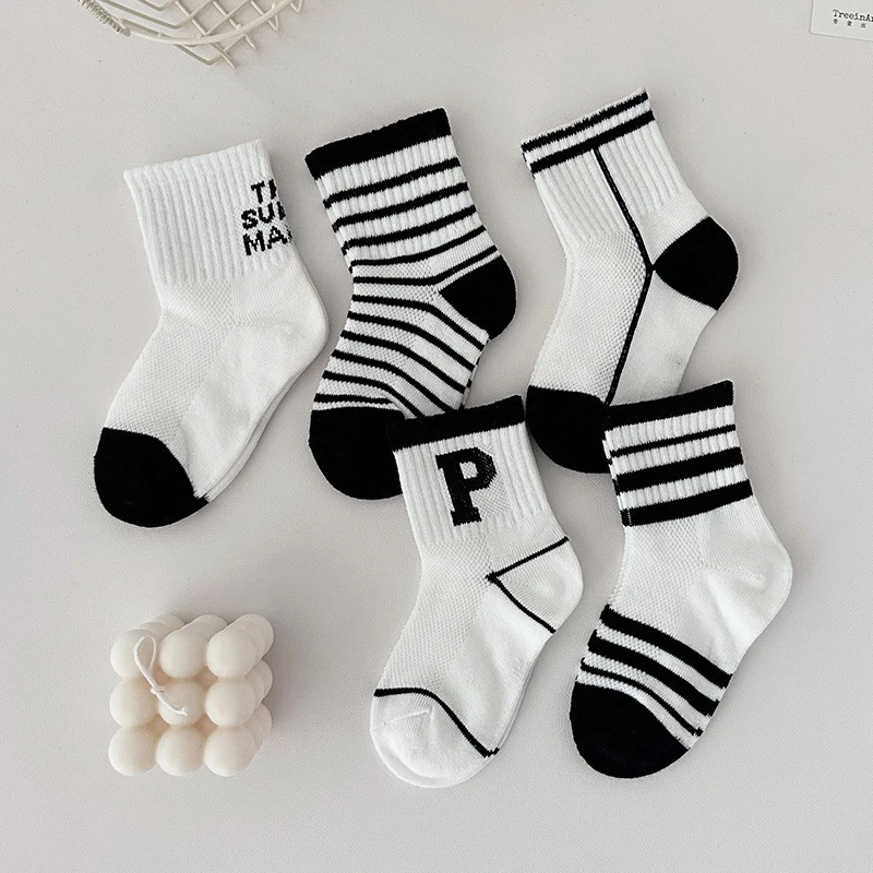 5pairs/set 2023 New Spring Summer Mesh Thin High Long Socks Korean Letter White Floor Casual Short Ankle Stockings for Children