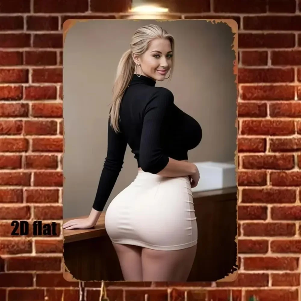 CIFBUY Blonde Woman Metal Sign Black Top White Skirt Curvy Girl Tin Poster Modern Wall Art Home Bedroom Living Room Decor Gift