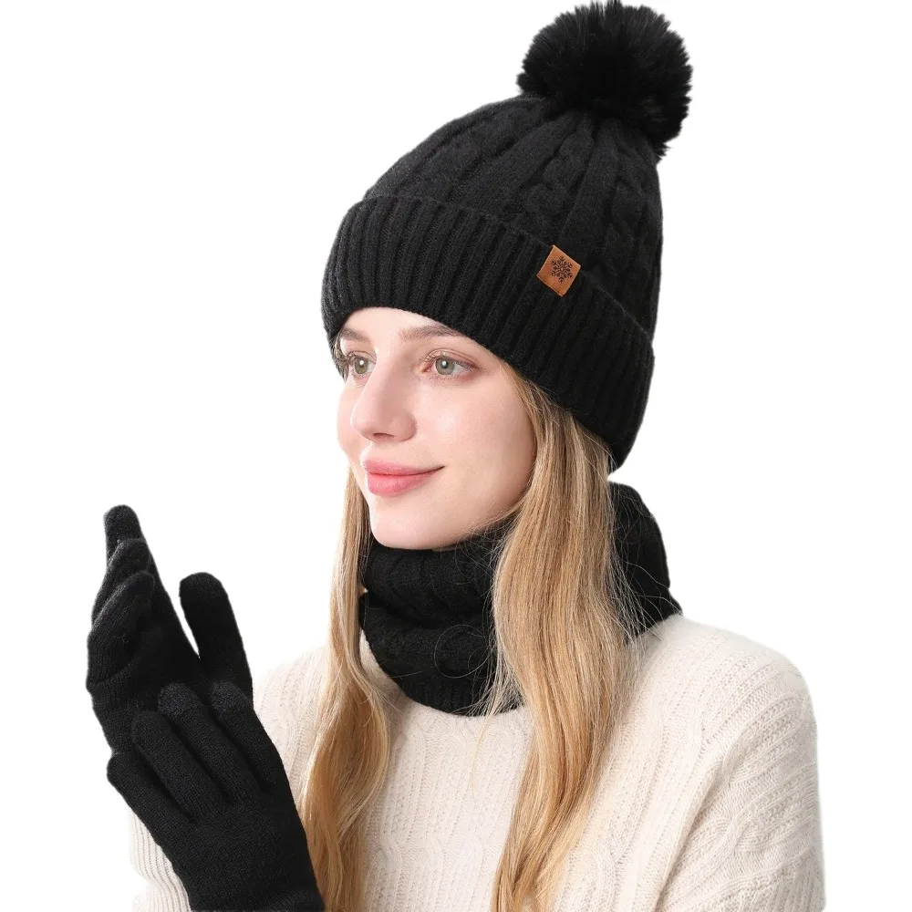 3Pcs/Set Warm Winter Hat Scarf Gloves Set Thicken Windproof Knit Beanie Snood Set Elastic Lining Touchscreen Gloves