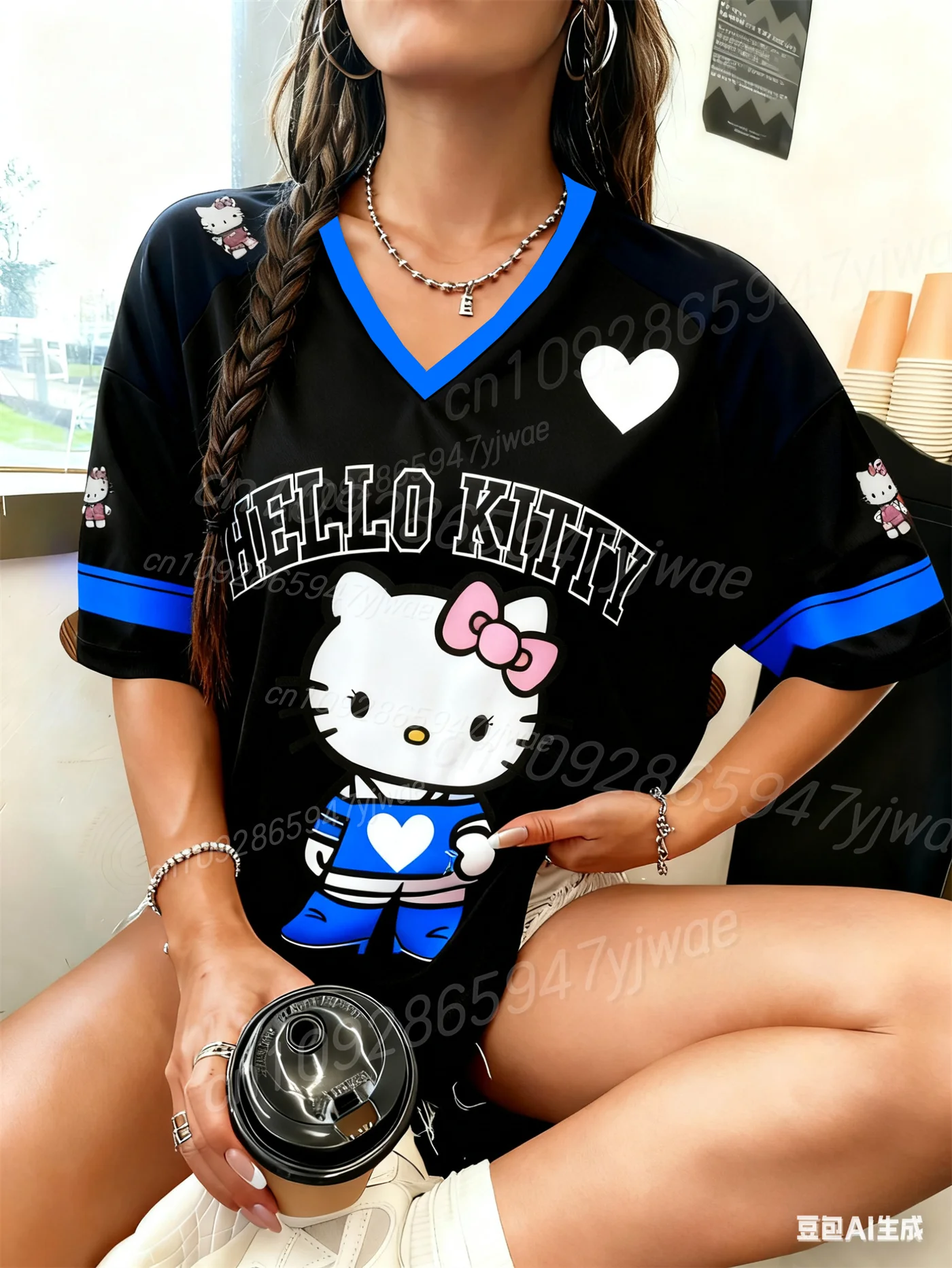 المرأة مرحبا كيتي مطبوعة الجرافيك تي شيرت المألوف قمصان كرة القدم قصيرة الأكمام الخامس الرقبة فضفاضة الشارع الشهير الخريف تي شيرت #6