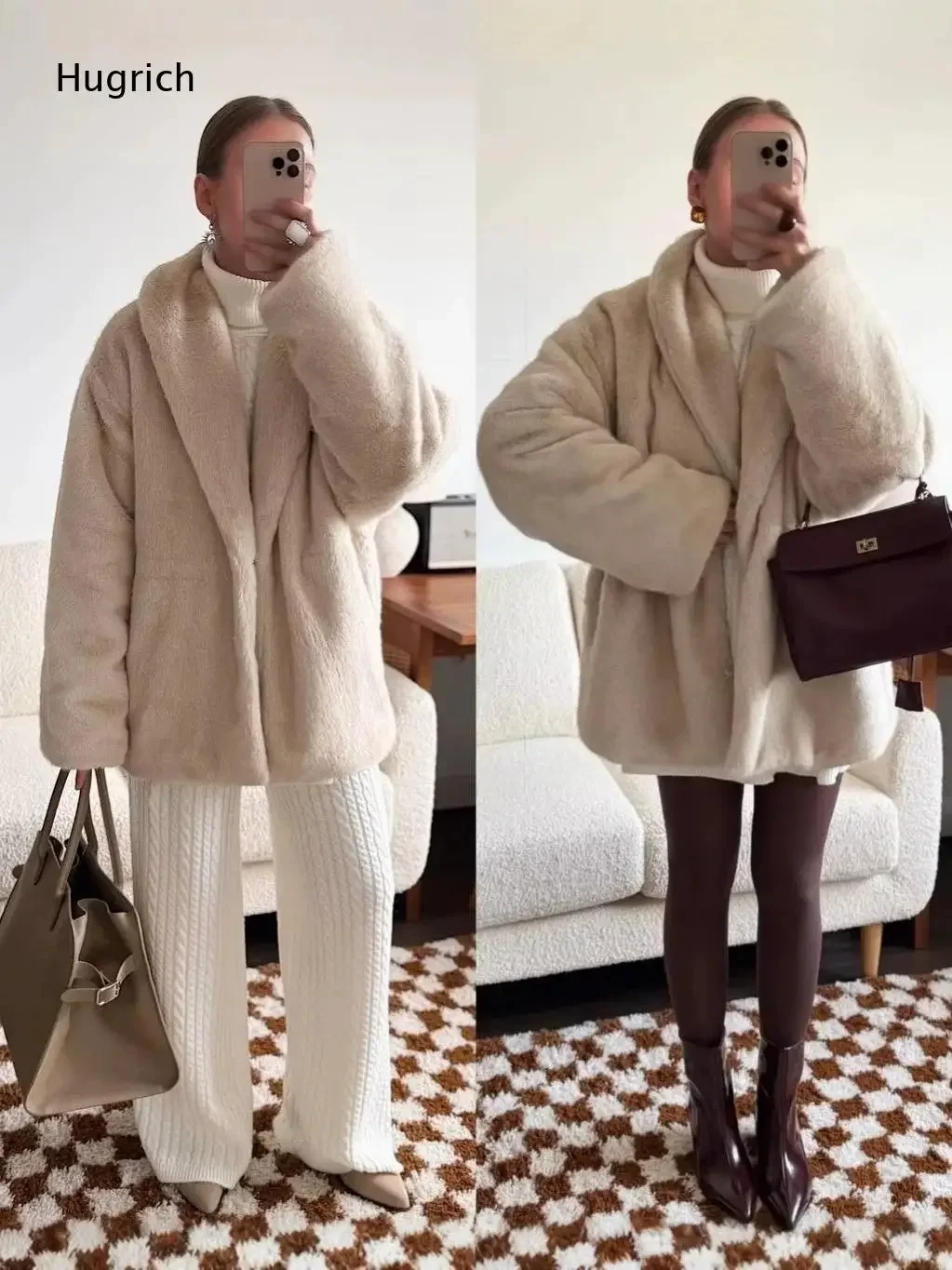 Ladies Plush Faux Fur Winter Jacket Shawl Collar Drawstring Waist Design Loose Oversized Fluffy Furry Coat with Hand Pockets