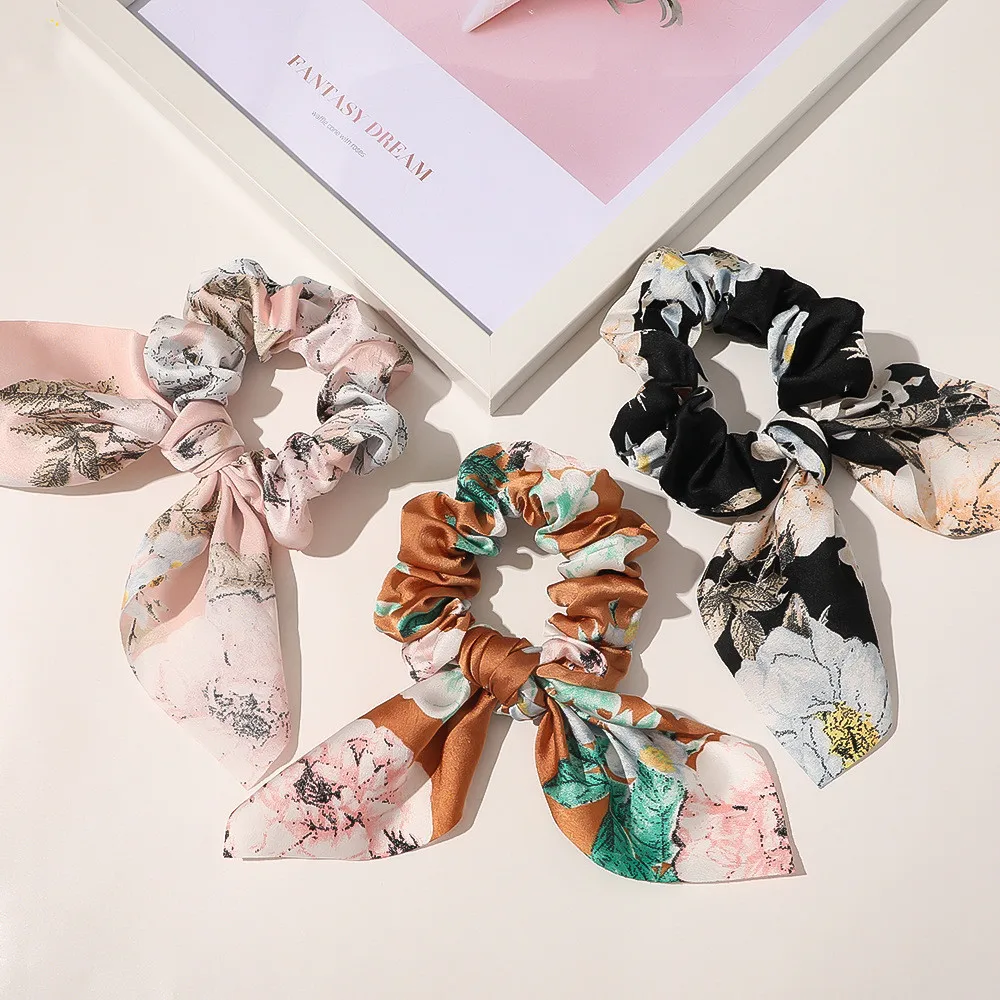 3Pcs Fashion Tie-Dye Print Strik Rabbit Oorhaar Tie Scrunchies Vrouwen Effen Fluwelen Satijn Elastische Haarband paardenstaart Haar Ring