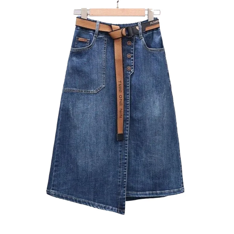 Fashion Asymmetrical Denim Midi Skirt With Belt Women Summer Vintage Jeans Pencil Skirt Elastic Back High Waist Women Midi Skirt
