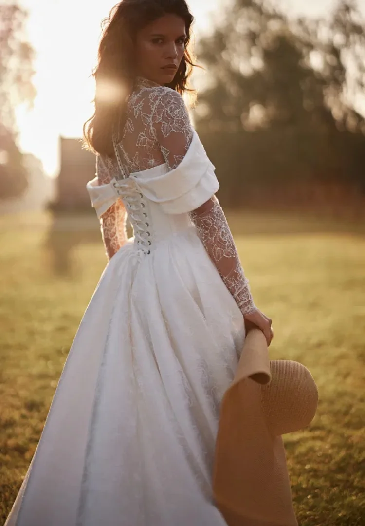 Baljurk Trouwjurken Voor Bruid Kanten Jurk Satijn Vestido De Novia Desmontables Lange Mouw Minimalista Vrouw Elegant Op Maat
