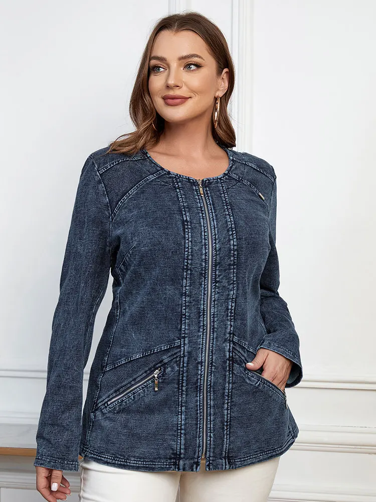 LIH HUA Women\'s Plus Size Denim Jacket Women\'s Casual High End Stretch Knit Denim Jacket with Shoulder Pads Denim Jacket