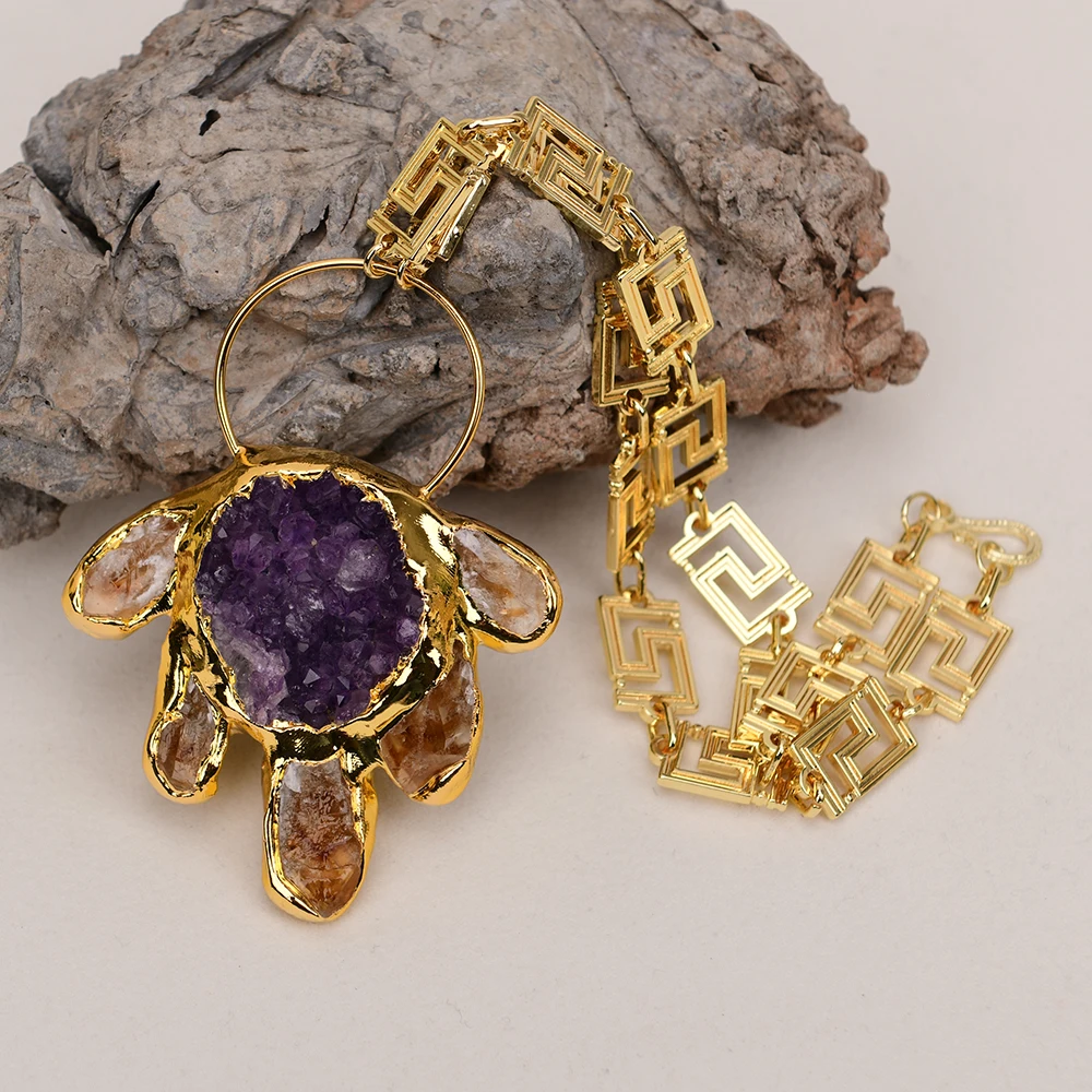 G-G Large piece Jewelry 24K Yellow Gold Plated Chain Necklace Huge Amethyst Druzy Raw Citrine Pendant Lady Holiday Gifts