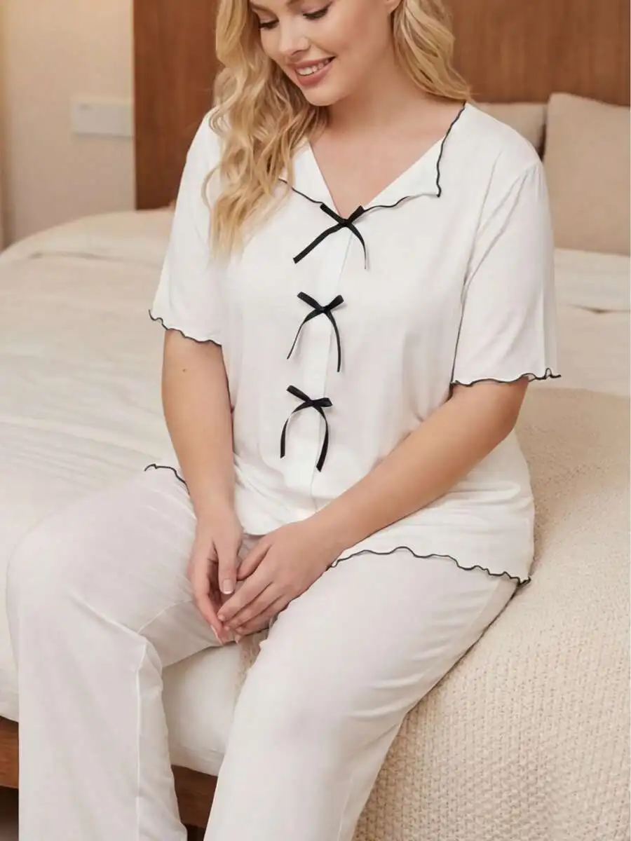 Women Plus Size White Pajama Set Short Sleeve Bow Detail Top And Pants Loungewear