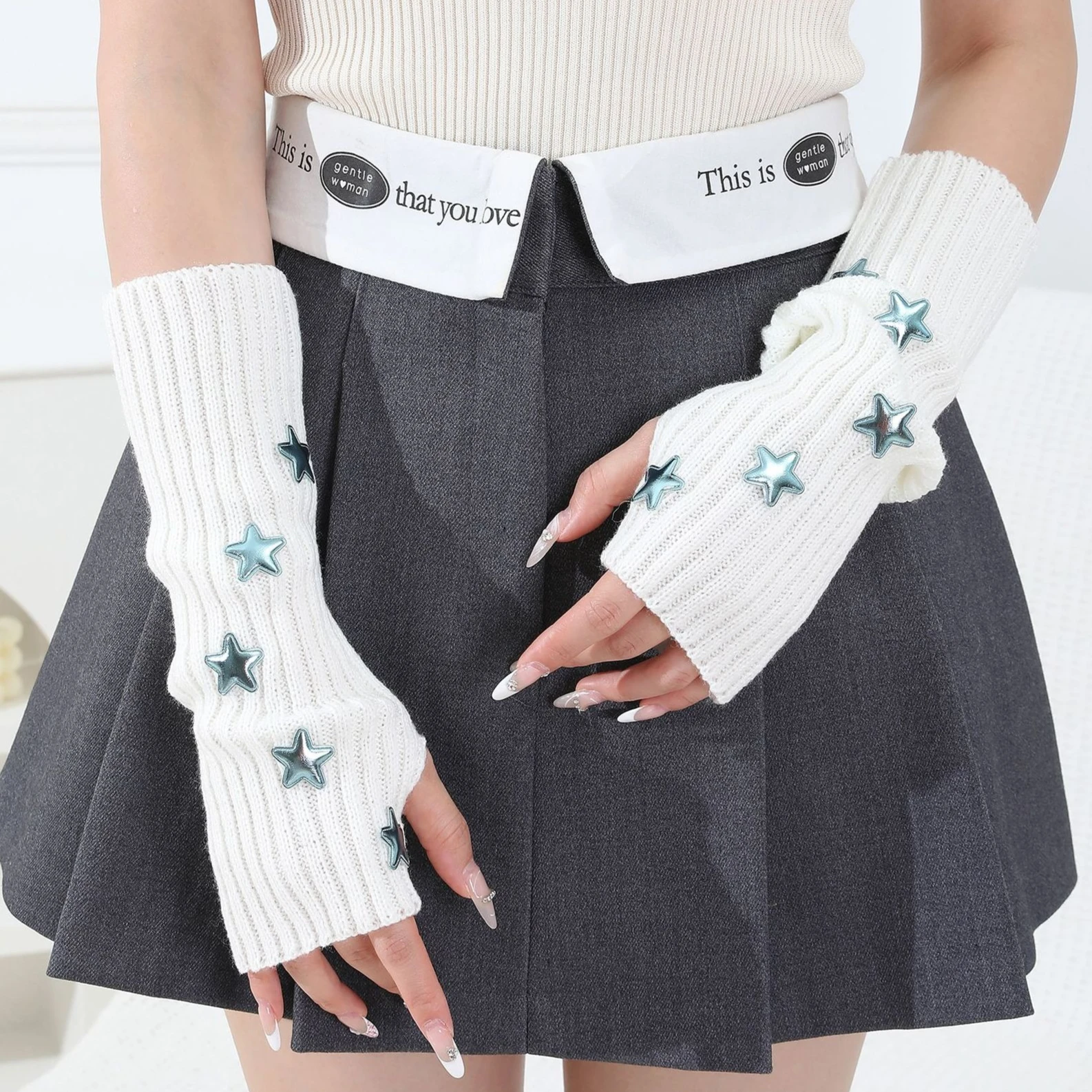 المرأة محبوك الذراع كم Y2k قفازات ستار أرنب الديكور الشتاء مدفئات للذراع غطاء للأكمام الطقس البارد جديد طويل المعصم القفازات