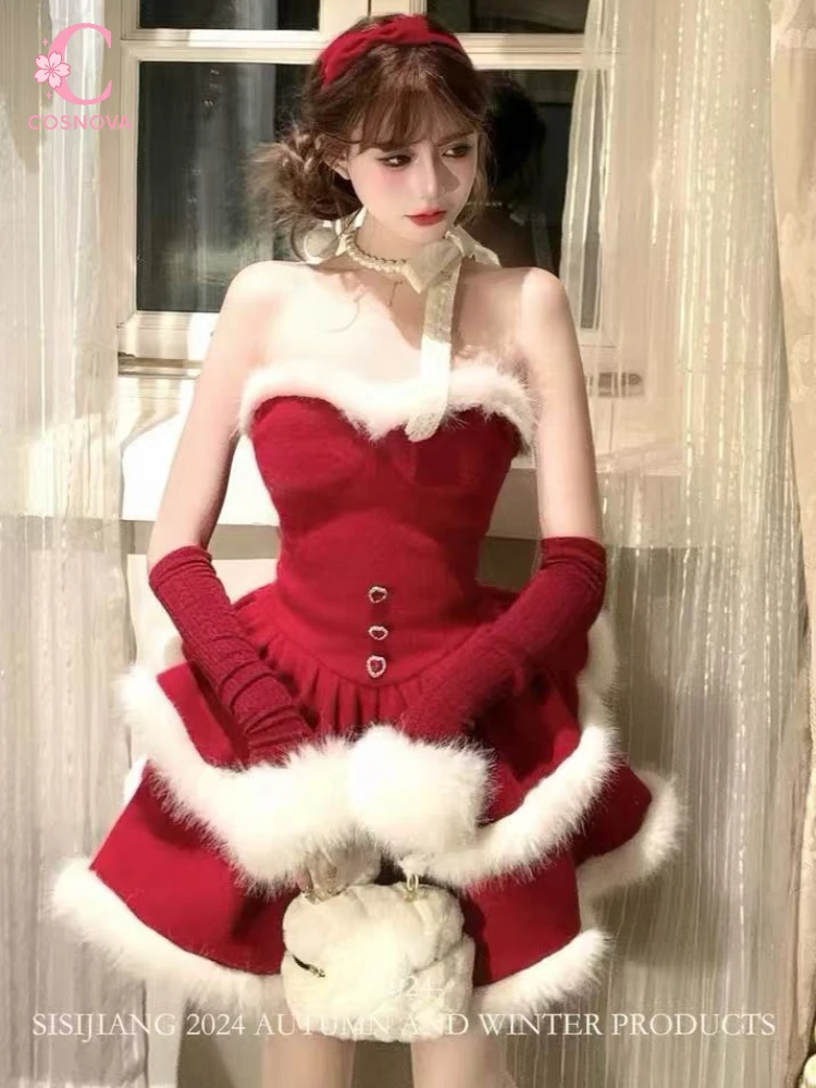 

Рождественский комплект из 2 предметов в стиле Лолиты, женский японский кавайный плюшевый плащ с бантом и капюшоном, пальто, милые тонкие мини-платья, корейский милый костюм Y2k