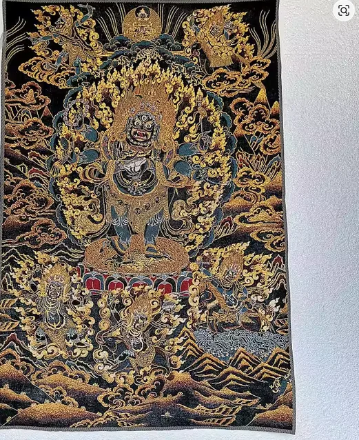 35.4″ Six-Armed Black Mahakala Brocade Tibetan Tangka Embroidery Painting Gold Thread Embroidery Decorative Hanging Pictures