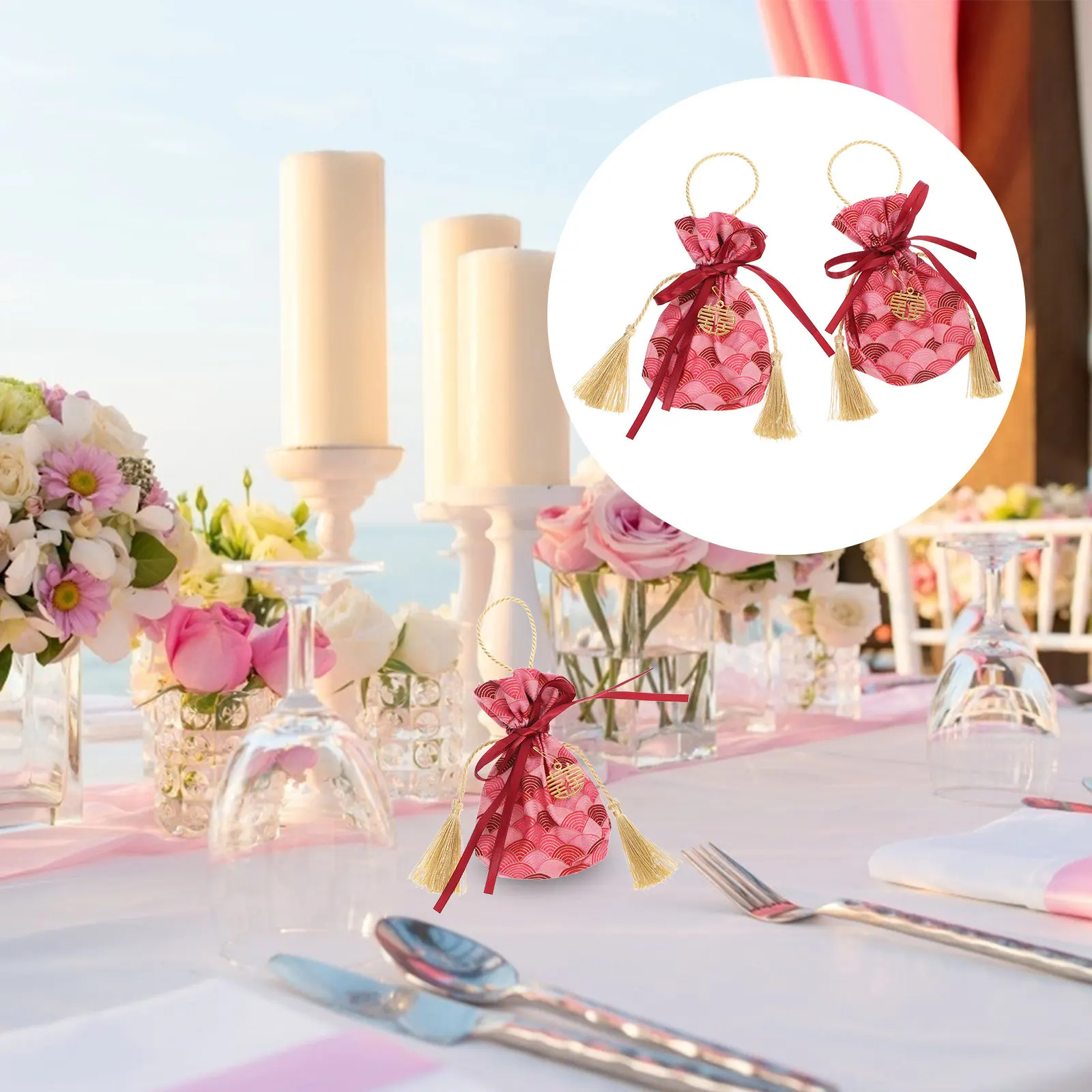 

2 шт. свадебные мешочки для конфет на шнурке, тканевые подарочные мешочки в китайском стиле с символом «Си» и кисточками для девичника/мальчишника