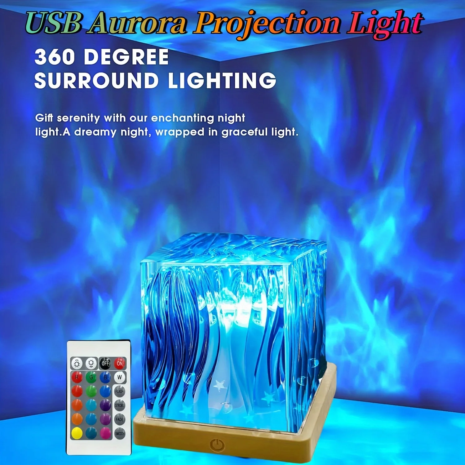 16 Colors Aurora Night Light Remote Control Table Lamp Dynamic Water Ripple Ambient Lamp Auto Rotate for Bedroom Home Decor Gift