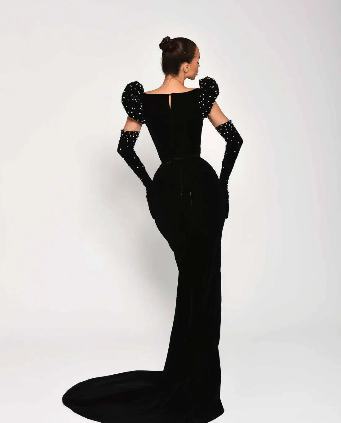 Vestidos de graduación de alta costura, guantes largos rectos de lujo, vestidos de noche árabes con cuentas, vestido Formal negro de terciopelo