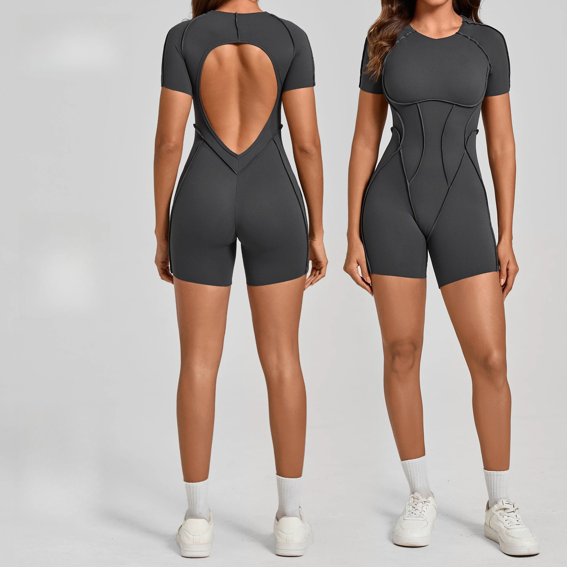 

Three-dimensional Splicing Sports Yoga Clothes Tight Short-sleeved Backless One-piece Fitness Clothes