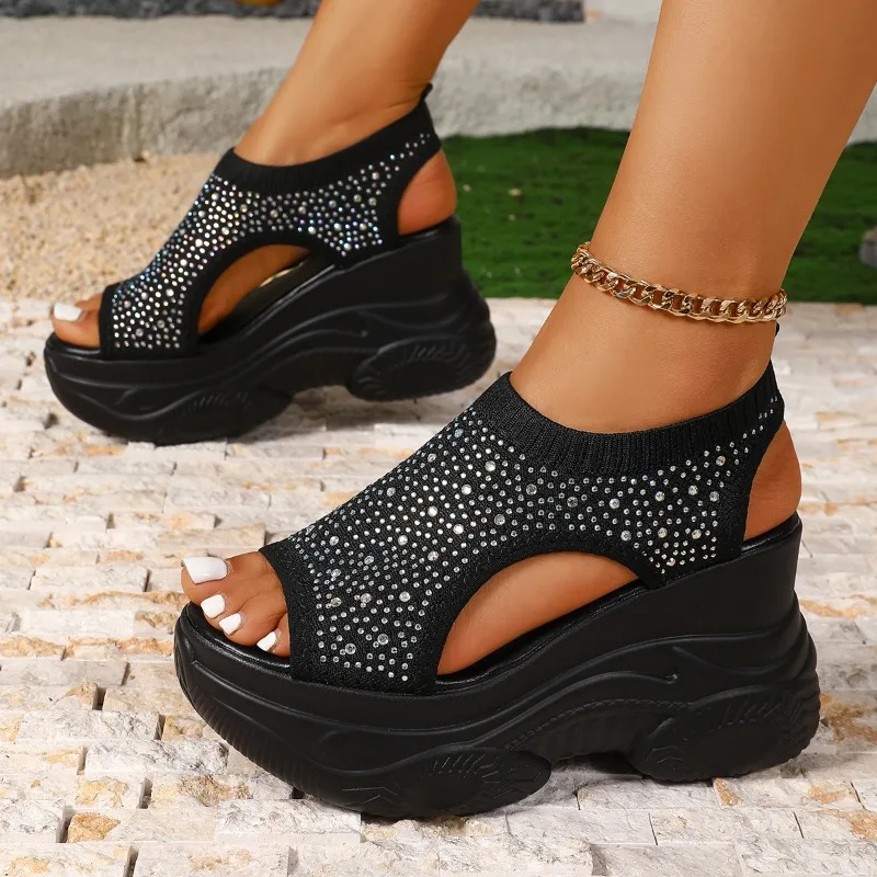 2026 Luxury Rhinestone Platform Women's Sandals Fashion Solid Knitted Breathable Mesh Soft Sole Women Shoes Сандалии Для Девочек