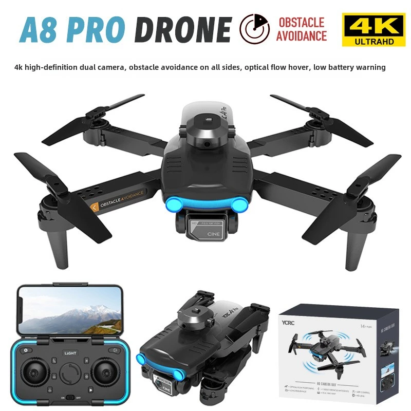 A8 Pro Drone - 4K Dual Camera Foldable Quadcopter with Obstacle Avoidance, Remote Control, Perfect Christmas Gift for Kids