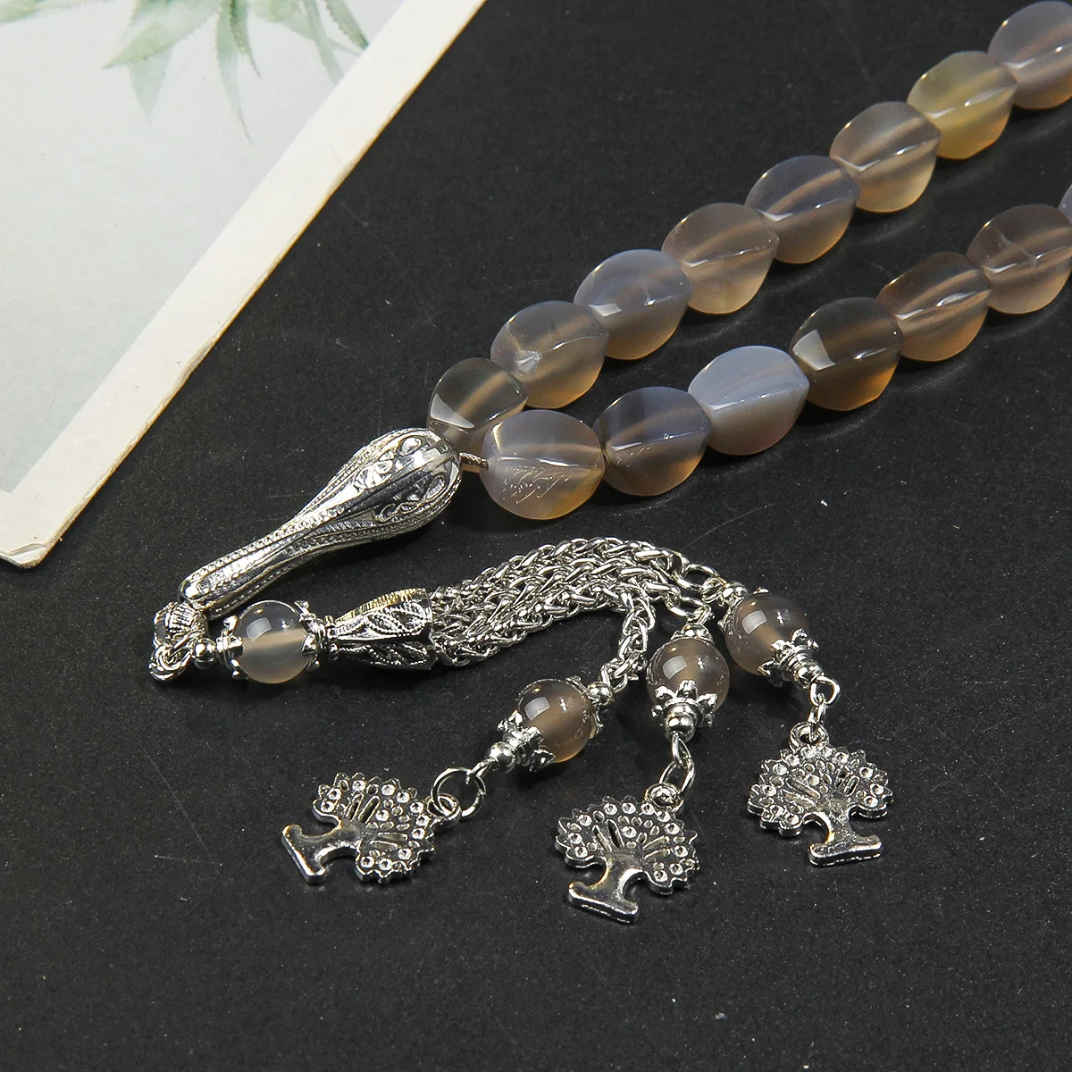12 * 8mm gray prayer bead with subtle agate stone (color difference) bead bracelet paired with exquisite tree shaped pendant