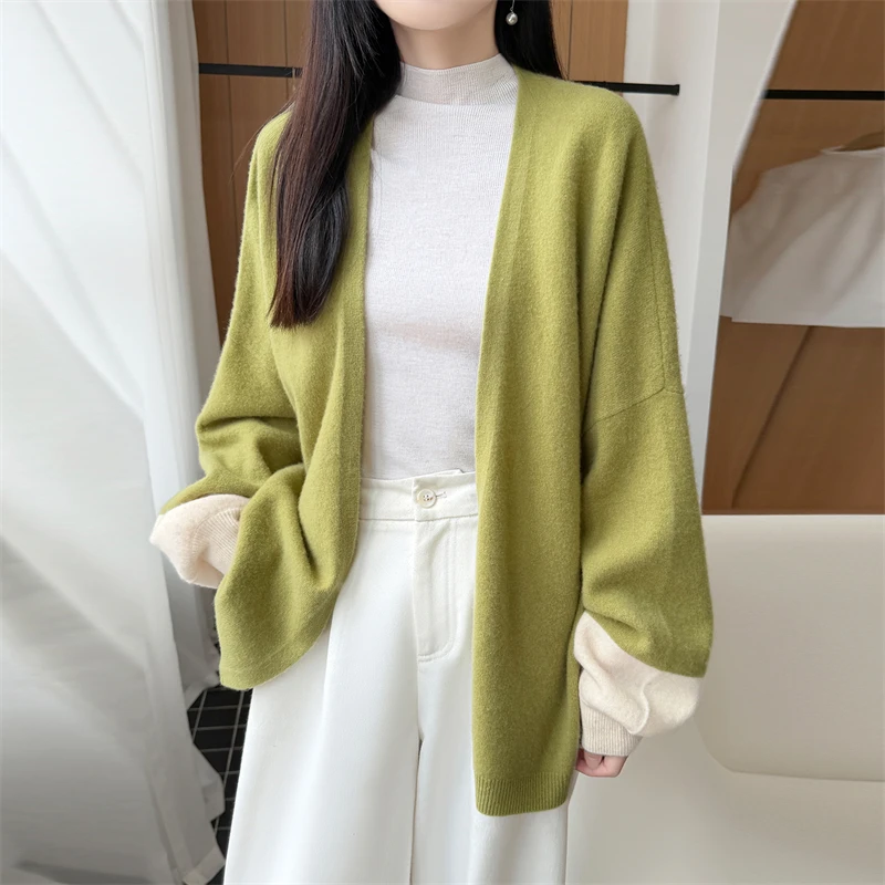 Extra Large Coat Autumn Winter Thickened Cardigan100% Merino Wool Knit Paired Casual Color Blocked Tops Fashion Korean Version..