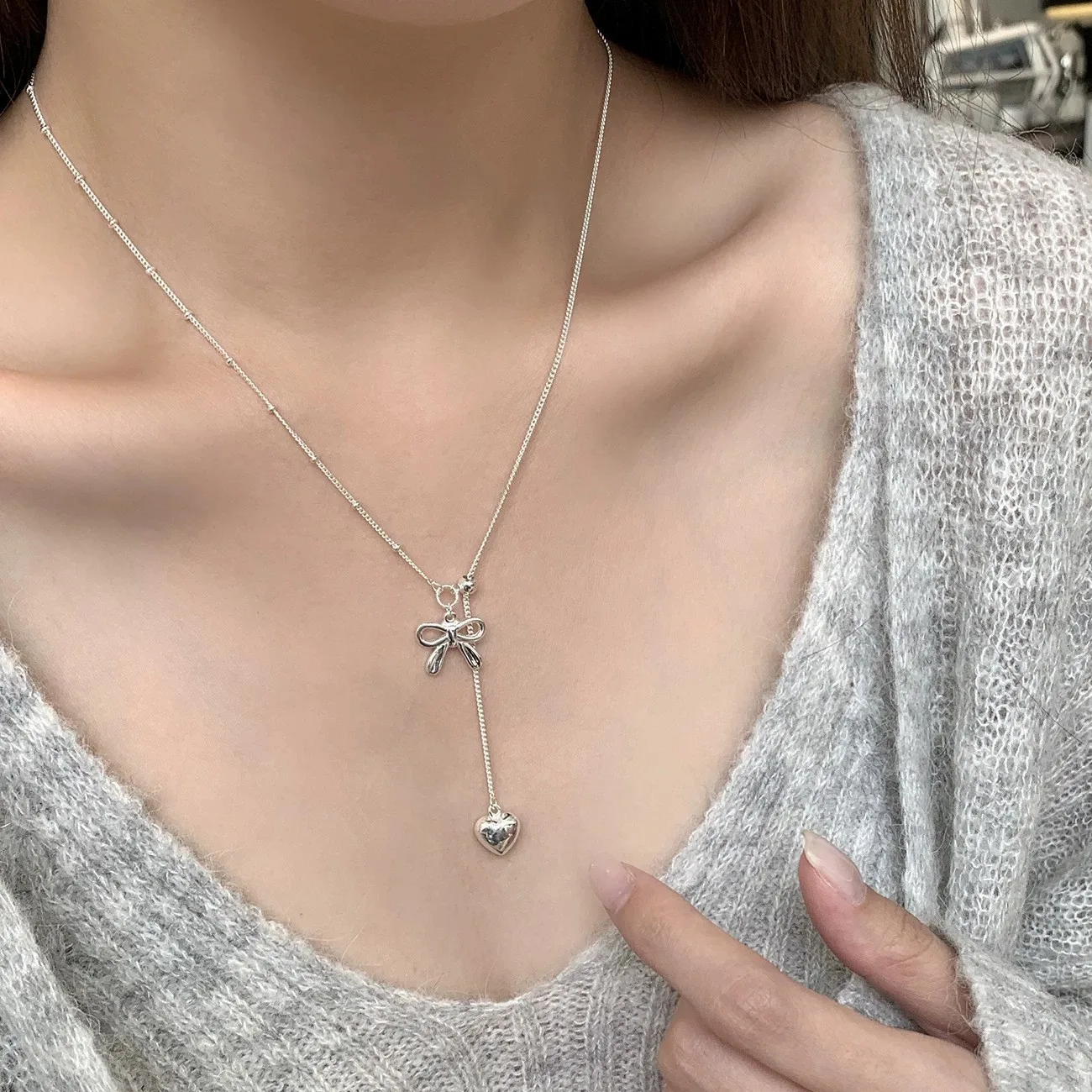 Women's 925 Sterling Silver Love Heart Necklace with Bow Knot Bead