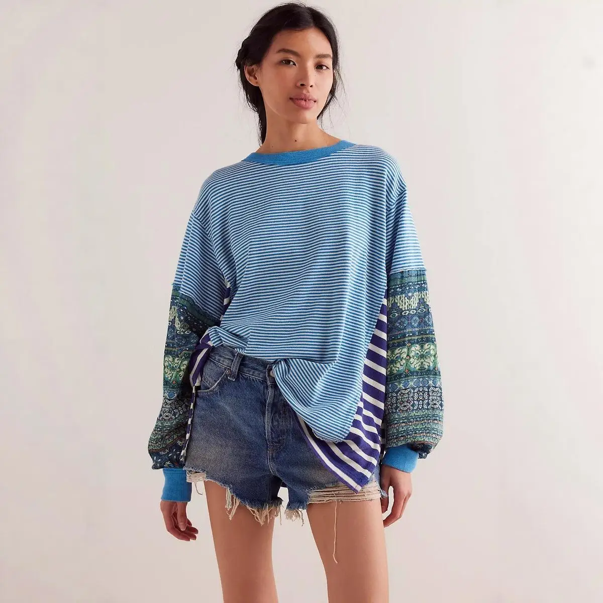 

Loose Long Sve Hoodie Women's Casual round Ne Stripe Color Blo Autumn Winter Sweatirt Cross-Border Faionable Top