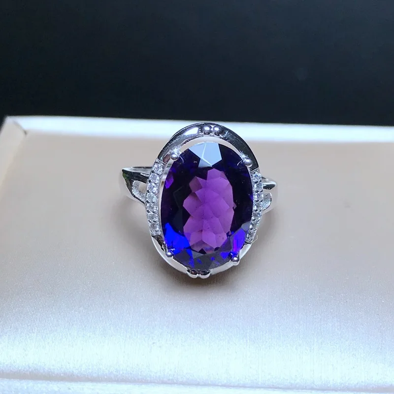 MeiBaPJ Natural Big Amethyst Gemstone Fashion Ellipse Simple Ring for Women Real 925 Sterling Silver Fine Charm Jewelry