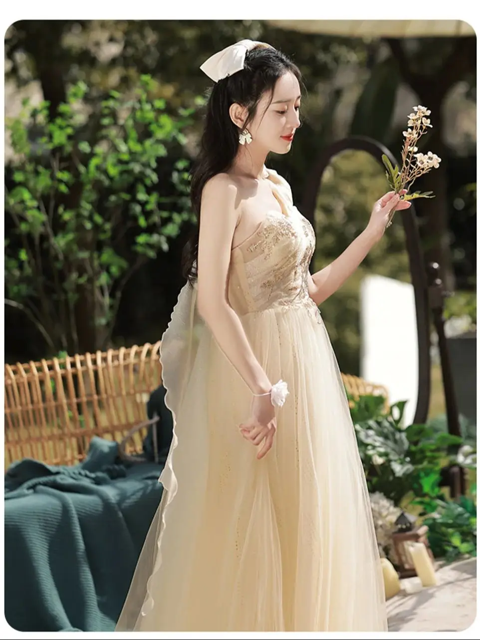 4 estilos champanhe vestido de dama de honra feminino 2024 novo plissado fora do ombro colarinho vestido de noite lantejoulas tule a linha festa vestido